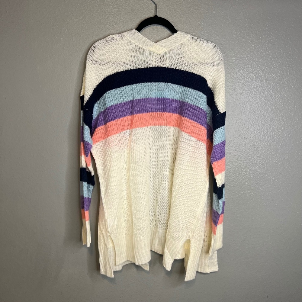 Hayden Cardigan Sz S/M Cream Rainbow Striped Open Front Pocket Long NWT - Picture 10 of 10